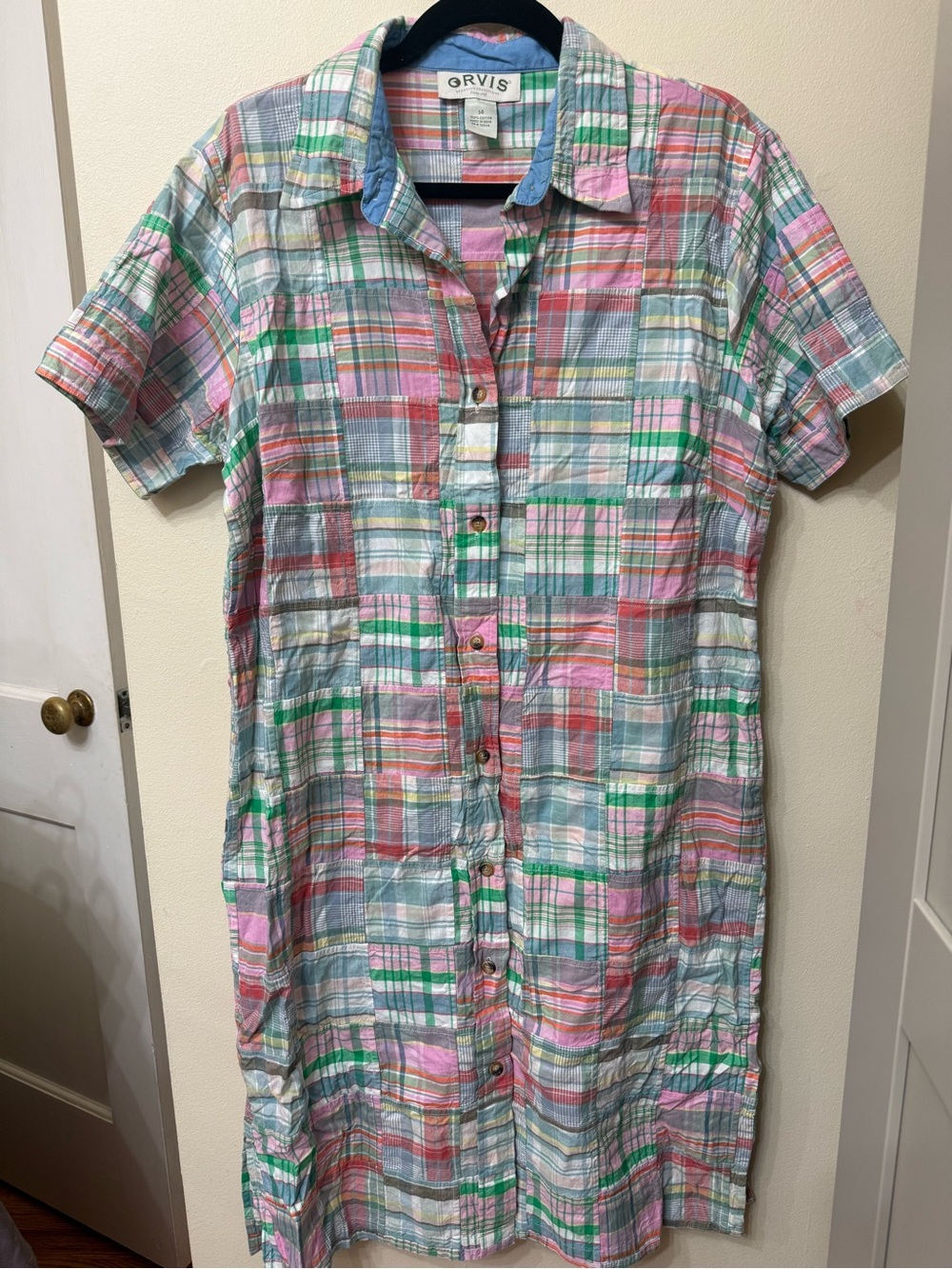 Vintage Orvis 15 Plaid Patch Button Front Shirt Dress Madras Preppy Classic Eco